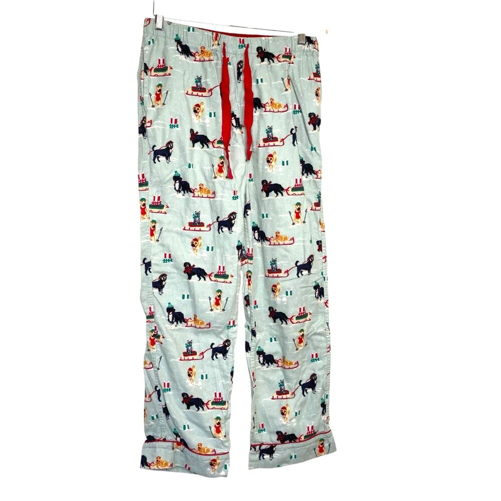 Lands’ End Dogs AlloverPajama Pants Womens Size Small S Blue Flannel Drawstring